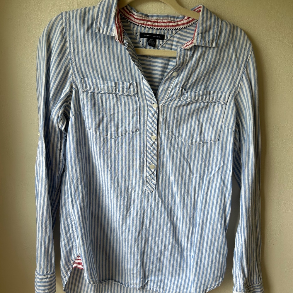 Tommy Hilfiger Blue & White Striped Button Shirt with Red Trim